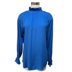Karlie Ruffle Neck Blouse Womens‎ Medium Blue Long Sleeve Preppy Flowy Feminine